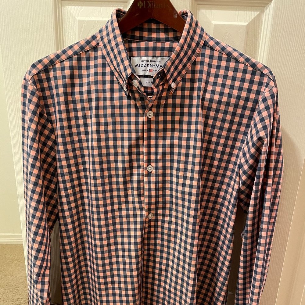 Mizzen+Main Performance Dress Shirt - GINGHAM Orangish Peach/Navy LARGE